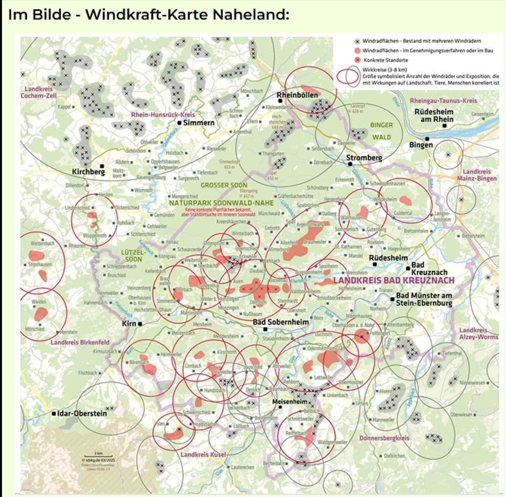 Joerg_Rehmann's tweet photo. Wie die Energiewende destabilisiert und zersetzt. Ein Tread: 
Weil hier kürzlich konstatiert würde, der Protest gegen die #Windkraft sei übertrieben: die Karte zeigt als Beispiel den naturgeprägten  #Hunsrück-Naheraum rund um den ökologisch hoch wertvollen #Soonwald. Die Eintragungen zeigen, wie der gesamte Lebensraum für Mensch und Tier durch Windparks allerorten zerstört und technisiert wird. Der als Erholungsgebiet bekannte Großraum wird zum Industriegebiet, so wie es der Ökonom @NurMalKurz_ kritisiert hat. 2/x