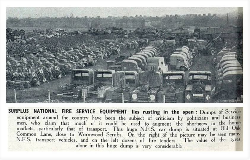 dejfitzgerald's tweet photo. @OldLondonW14 Also the location of a huge dump of surplus WW2 Fire Fighting equipment. 1945 newspaper article https://t.co/JYLQWRTvm0