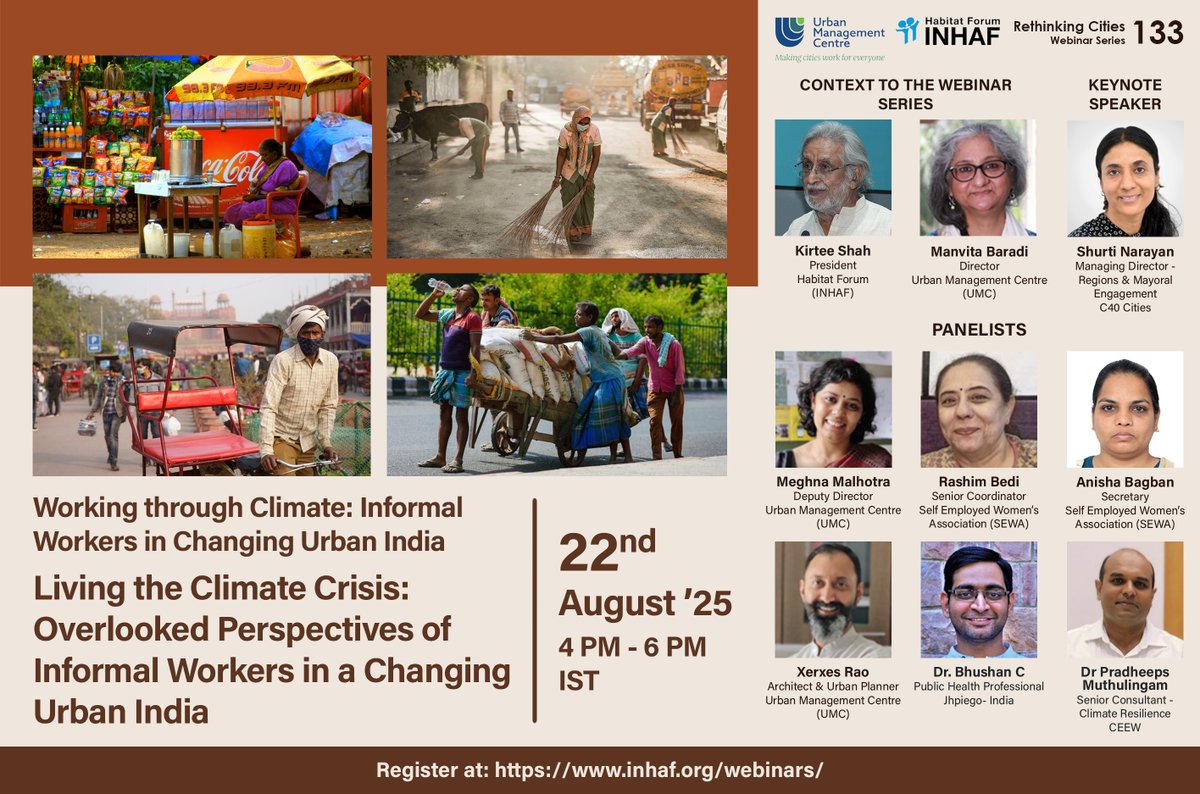<a href="/HabitatForumIN/">Habitat Forum</a> and <a href="/umcasia/">Urban Management Centre</a> cordially invite you for a on Living the Climate Crisis: Overlooked Perspectives of Informal Workers in a Changing Urban India on 22nd August 2025 (Friday), 4:00 - 6:00 PM IST.

Registration Link:
us02web.zoom.us/webinar/regist…