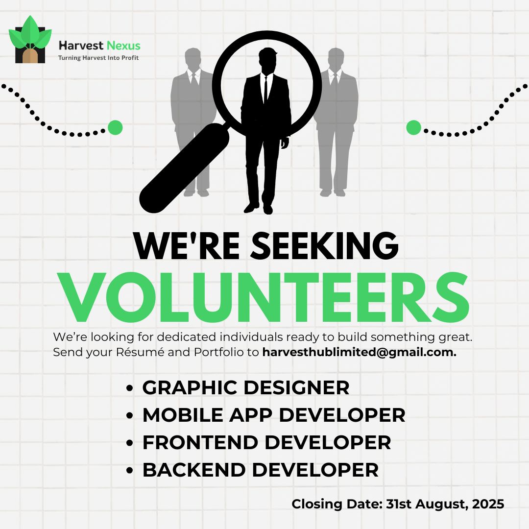 Want to grow more than code? Join our mission. 
At @HarvestNexus, we’re bridging farmers and buyers through agri-tech but we need YOUR skills.

Volunteer Roles:
- Graphic Designers (brand/UI)
- Mobile App Devs (iOS/Android)
- Frontend &amp; Backend Devs

Make soil-to-screen impact