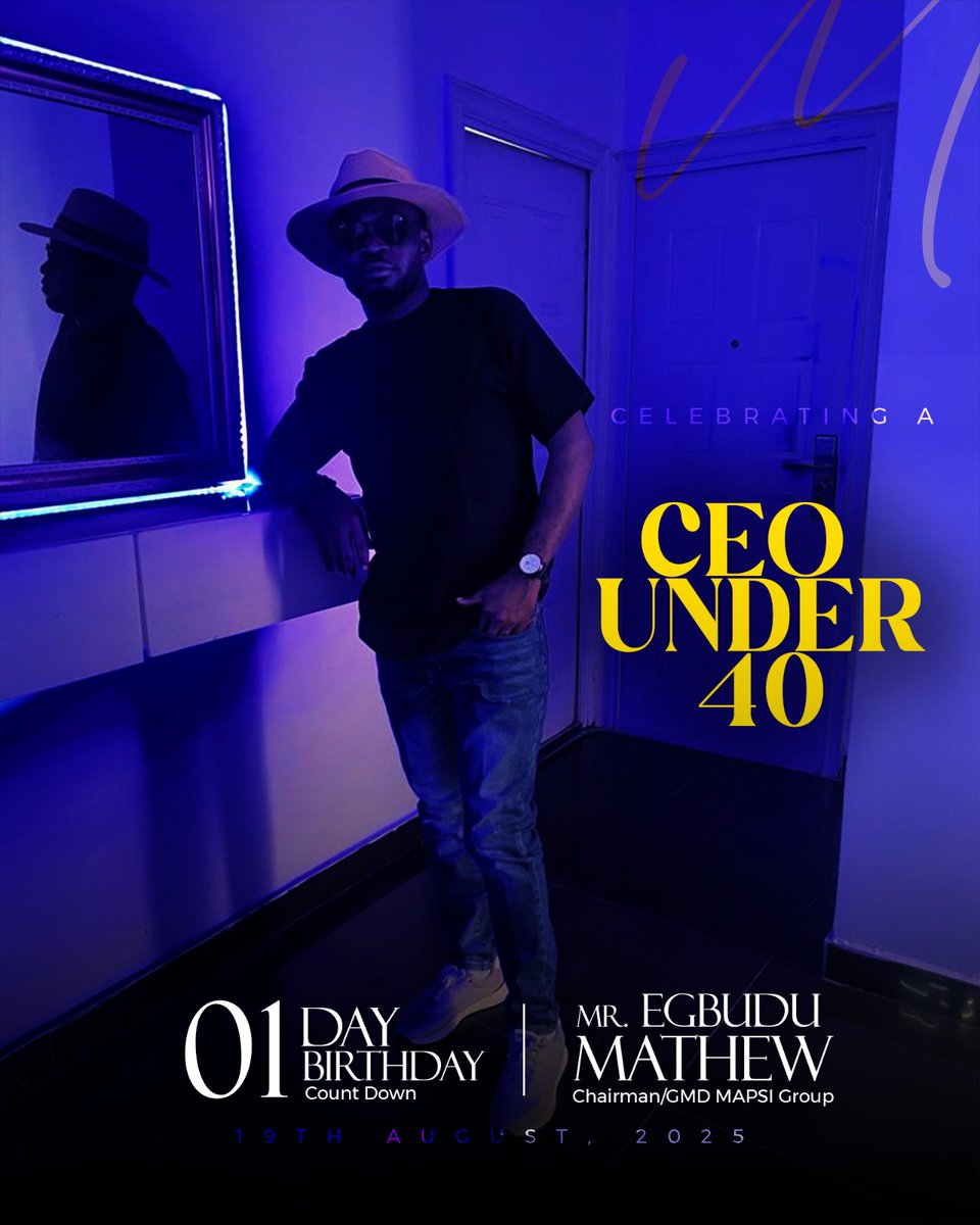 1 Day to Celebrating Greatness and an Under-40 CEO, Mr Egbudu Mathew 

The countdown is almost over… just 1 day to honouring a trailblazer under 40 who is redefining success with bold ideas, relentless drive, and a heart that lifts others as he climbs.

#MrEgbuduMathewDay