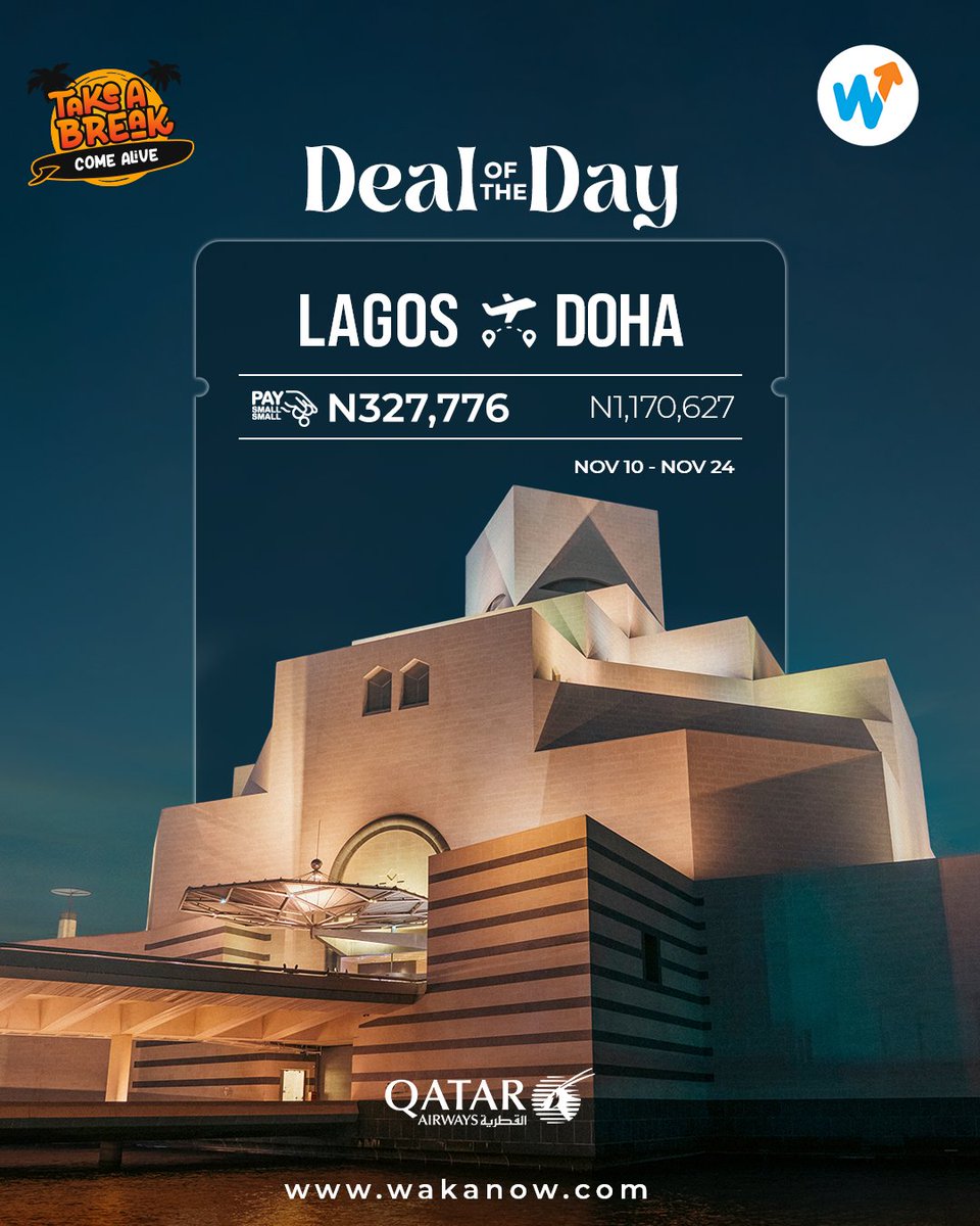 Our deal of the day got your trip to Doha covered.

Visit wakanow.com or download the Wakanow App to book now.

Let's Go!

#wakanow #Doha