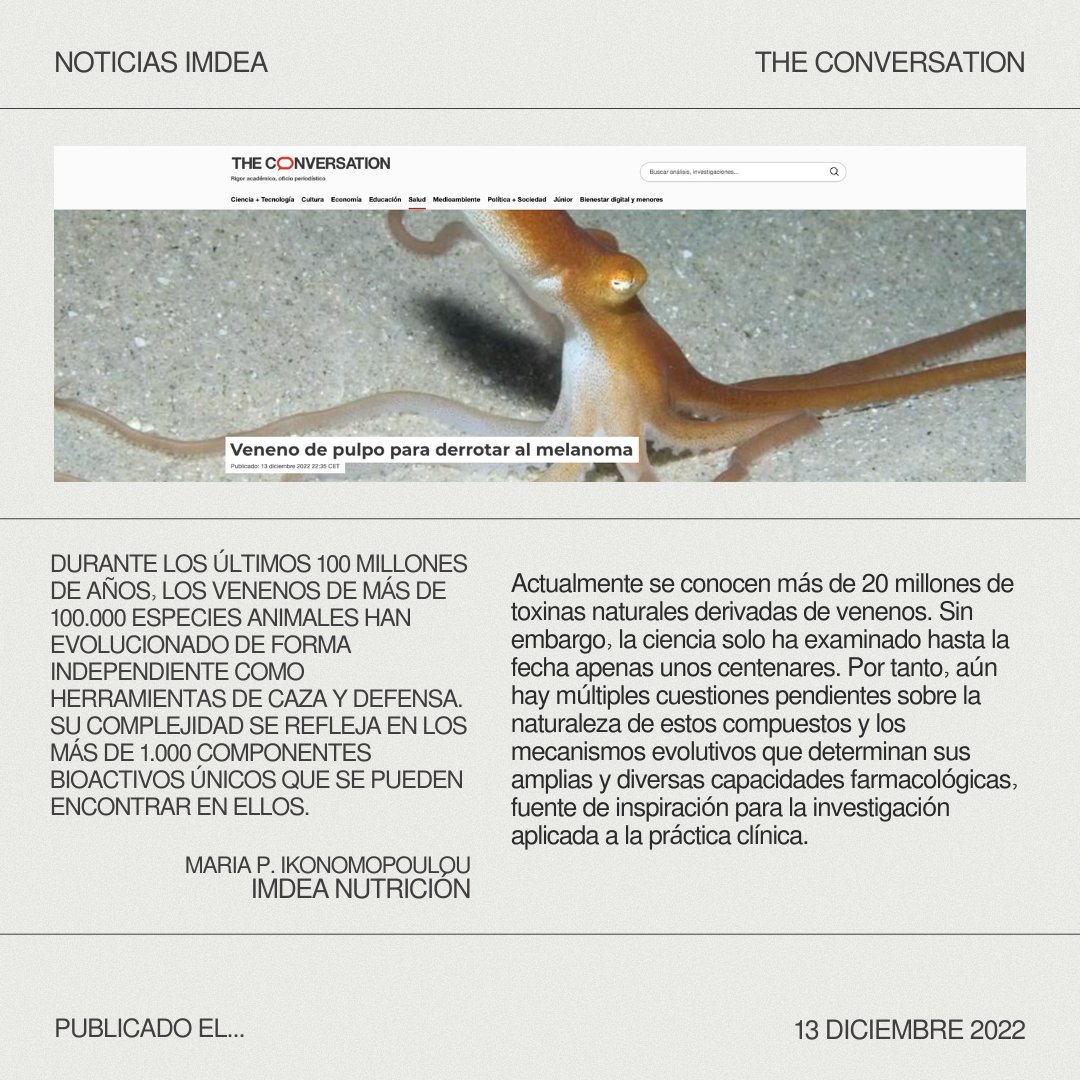 IMDEA Institutes (@imdeainstitutes) on Twitter photo 🐙 Maria P. Ikonomopoulou, investigadora en <a href="/Imdeanutricion/">IMDEA Nutrición</a>, explicaba en este estupendo artículo que hoy queremos recordar, la amplia y diversa capacidad farmacológica de los venenos de muchas especies animales.
🆕 Vía <a href="/Conversation_E/">The Conversation ES</a> 🗞️ theconversation.com/veneno-de-pulp… 🐙 Maria P. Ikonomopoulou, investigadora en <a href="/Imdeanutricion/">IMDEA Nutrición</a>, explicaba en este estupendo artículo que hoy queremos recordar, la amplia y diversa capacidad farmacológica de los venenos de muchas especies animales.
🆕 Vía <a href="/Conversation_E/">The Conversation ES</a> 🗞️ theconversation.com/veneno-de-pulp…