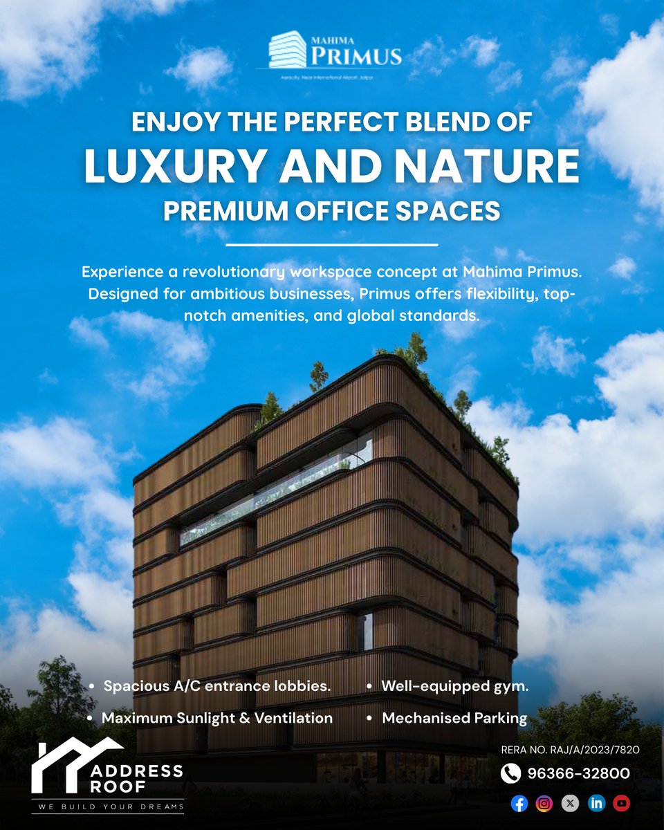 AddressRoof's tweet image. ✨ Redefine your workspace with Mahima Primus – where luxury meets nature! 🌿🏢

📞 96366-32800
👉 Book your premium office space today with #AddressRoof!

#LuxuryOfficeSpaces #PremiumWorkspaces #JaipurOffices #OfficeForBusiness #WorkspaceRedefined #CommercialSpacesJaipur