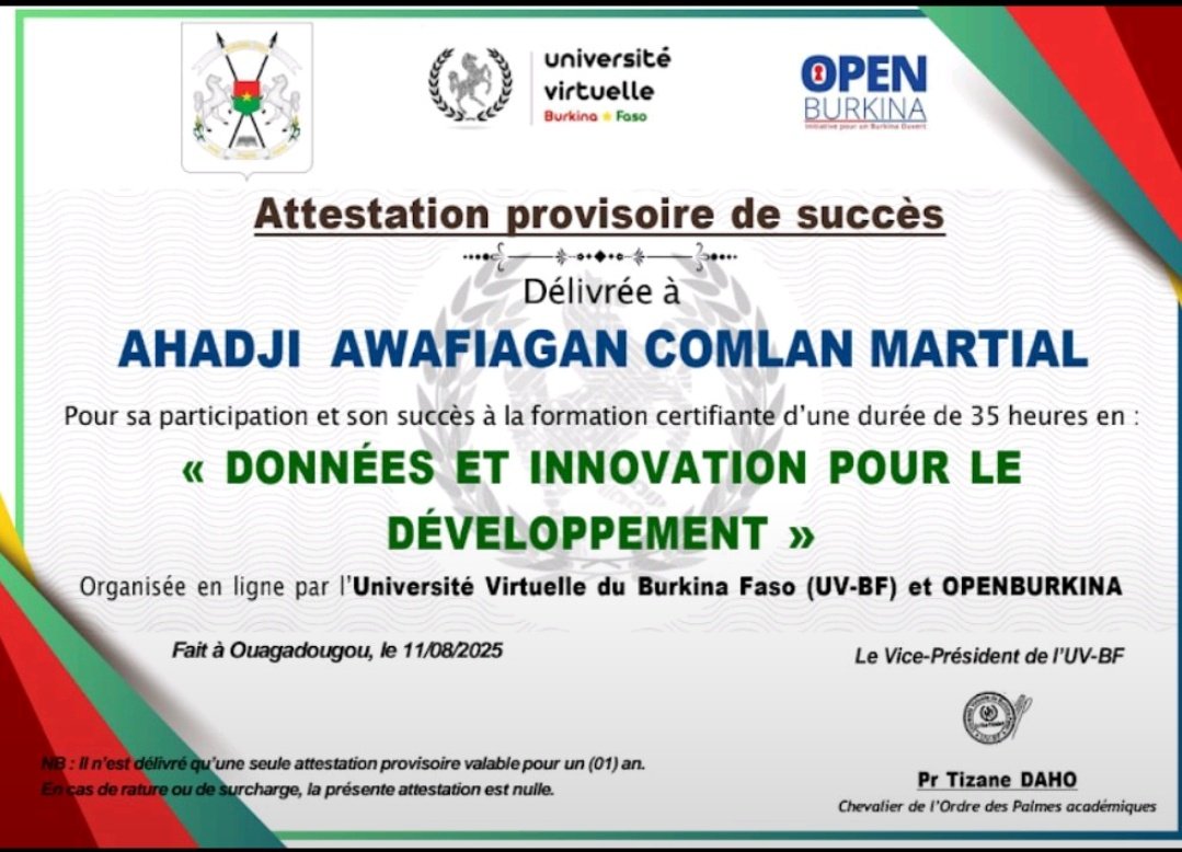 marsahadji's tweet image. Proud to be #CertifiéCAFDO_OuvertureDesDonnées 🎓

This training strengthened my expertise in Open Data for innovations.

Thanks to @cafdo_officiel, @OpenBurkina, @uvburkina, @IDRC_CRDI &amp;amp; @Hewlett_Found for this opportunity 🙏

#OpenData #DataForDevelopment #CAFDO #Africa