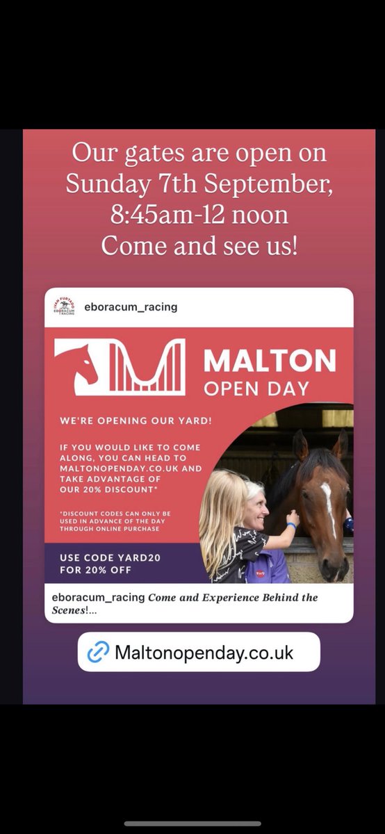We are opening our gates so please come and join us and experience behind the scenes the life of thoroughbred race horses. We welcome you to join us <a href="/EboracumRacing/">Eboracum Racing @ivanfurtadoracing</a> <a href="/ivanfurtado21/">Ivan Furtado Racing</a> . 🐎 Hot and cold drinks available plus stalls and light entertainment. 🐎👍