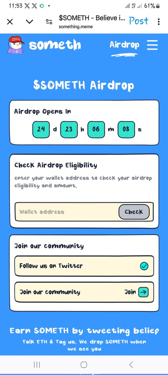 Post to Earn
Create posts about $SOMETH, tag us, and stand out.
Best posts will earn 100K–1M $SOMETH 🤑
Rewards drop next Monday.
   Check Airdrop
ETH holders &amp; active users can check eligibility on our site. (Claims open soon)
🔗something.meme/airdrop
<a href="/somethingcult/">somETHing</a>