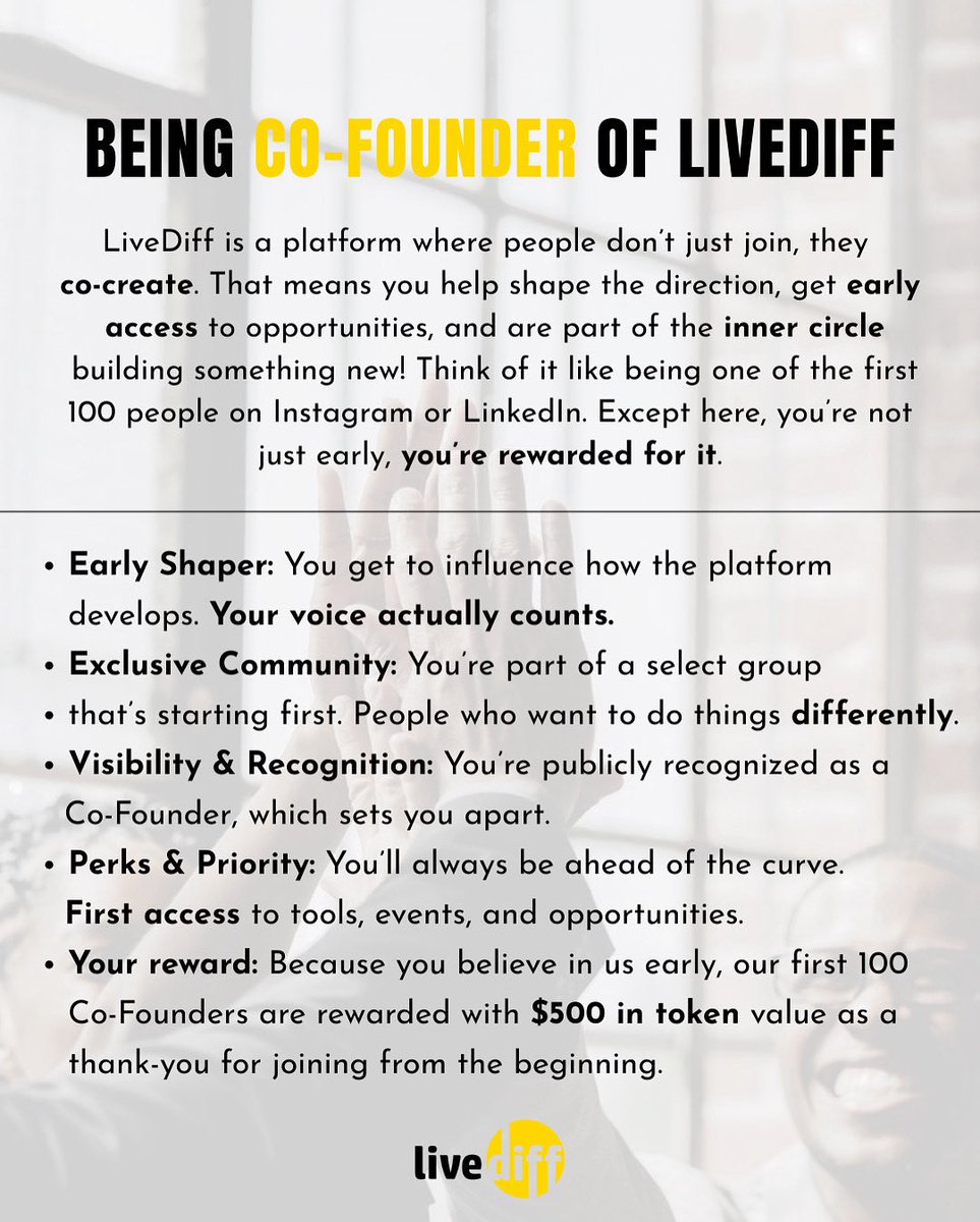 🚀 Become a Co-Founder of LiveDiff!
Shape the future, join an exclusive community, and get early access to opportunities that set you apart. 💡
💰 Plus, the first 100 Co-Founders earn $500 in token value as a thank-you for believing in us early.
#LiveDiff #CoFounder #EarlyAccess