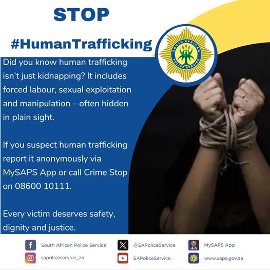 GcisTshwane's tweet image. If you suspect #HumanTrafficking report it anonymously via #MySAPSApp or call 📞CrimeStop on 08600 10111@GCIS_IRC @GCISGauteng @GovernmentZA @GautengProvince @GDCoGTA @gpgSocDev
@GP_CommSafety @GautengHealth @CityTshwane