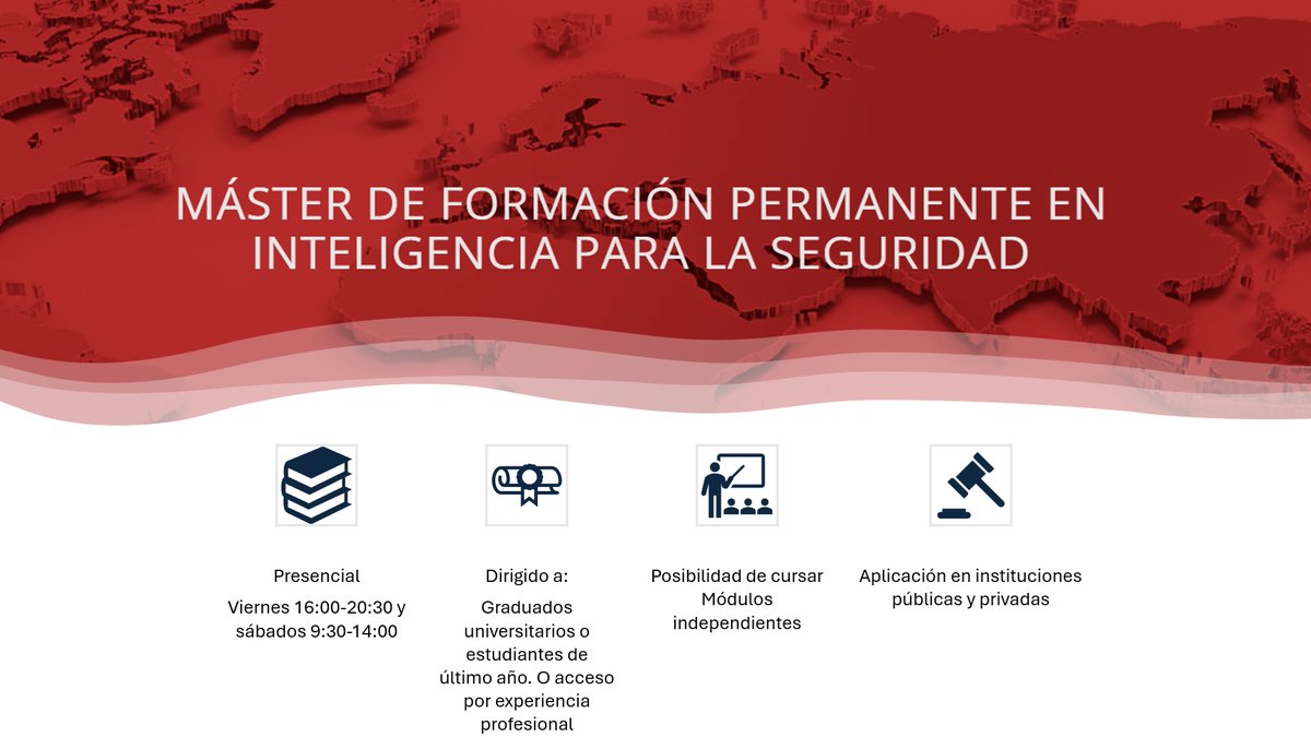 ICFS (@icfs_uam) on Twitter photo El 27 de agosto cerramos las inscripciones para el Máster en Inteligencia para la Seguridad.
Si quieres formar parte del nuevo grupo, date prisa y formaliza tu inscripción cuanto antes!.
+ info: icfs-uam.es/formacion/mast…
💌experto.analisis.inteligencia@uam.es El 27 de agosto cerramos las inscripciones para el Máster en Inteligencia para la Seguridad.
Si quieres formar parte del nuevo grupo, date prisa y formaliza tu inscripción cuanto antes!.
+ info: icfs-uam.es/formacion/mast…
💌experto.analisis.inteligencia@uam.es