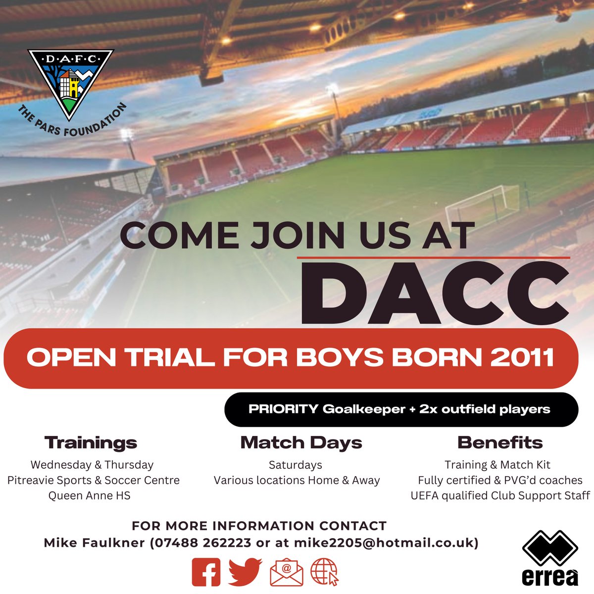 _DACC___'s tweet photo. Open Trial - Boys 2011. 
Our Tier 1 2011 Boys are holding open trials.
Our priority is a GK &amp; 2x outfield players to join. 
Training take place on Wed at Pitreavie 6.30-7.30 &amp; Thurs at Queen Anne HS from 6.00-7.00.
Interested?? Contact details are listed below. https://t.co/I893LpzTsr