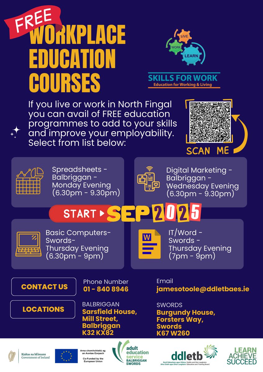 Did you know? If you live or work in North County Dublin, you can access FREE Workplace-Related Education Courses!

📌 Upskill, boost your confidence, and increase your employability, all at no cost.

To enquire or sign up, simply fill out this form: forms.office.com/e/bx0SP1tnZr
Or