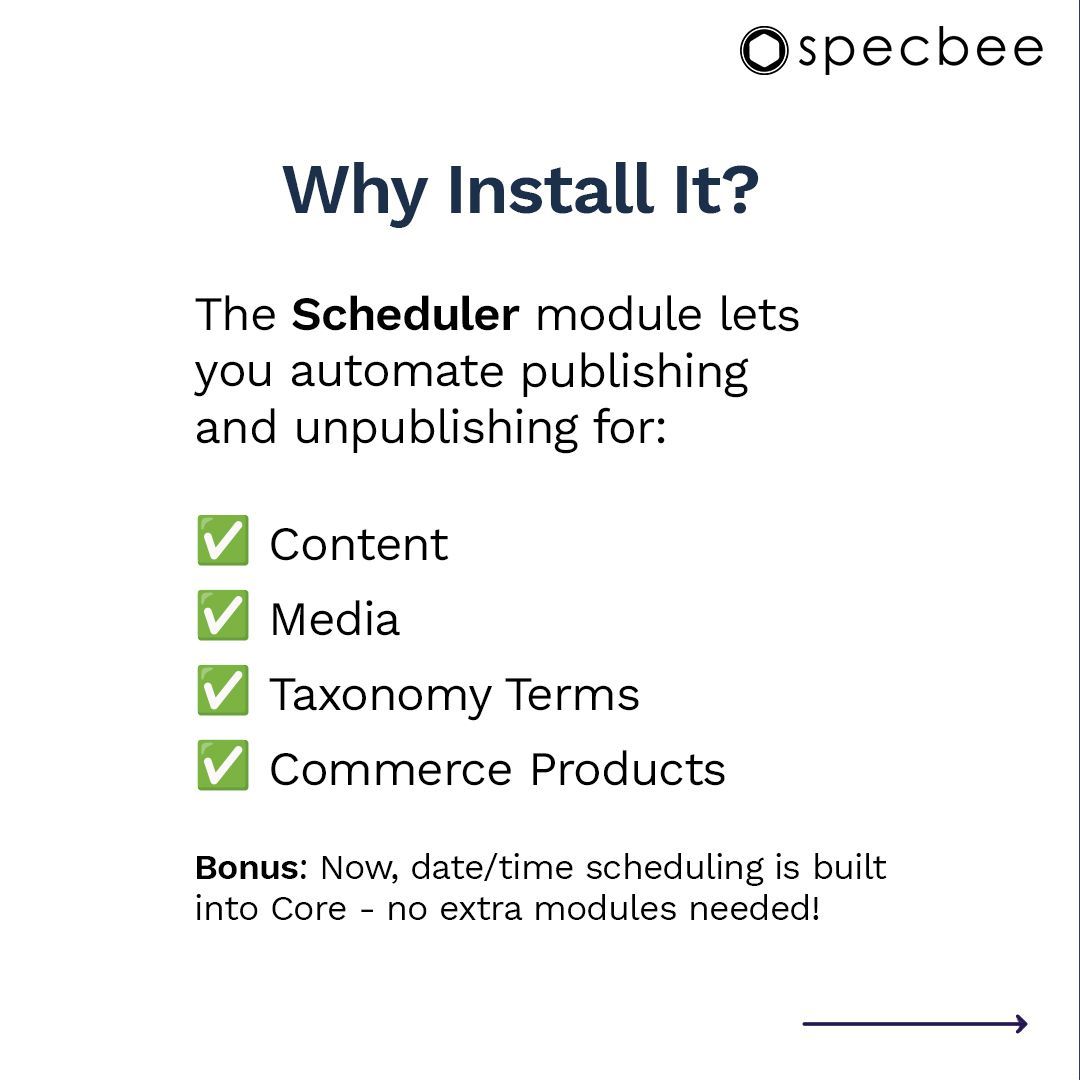 specbee's tweet image. In today’s Module Monday, we’ll focus on the Scheduler module for Drupal.

#ModuleMonday #MondaysForLearning #Scheduler #Drupal #DrupalDevelopment

Here&apos;s the link to the module: buff.ly/tqh1nh1