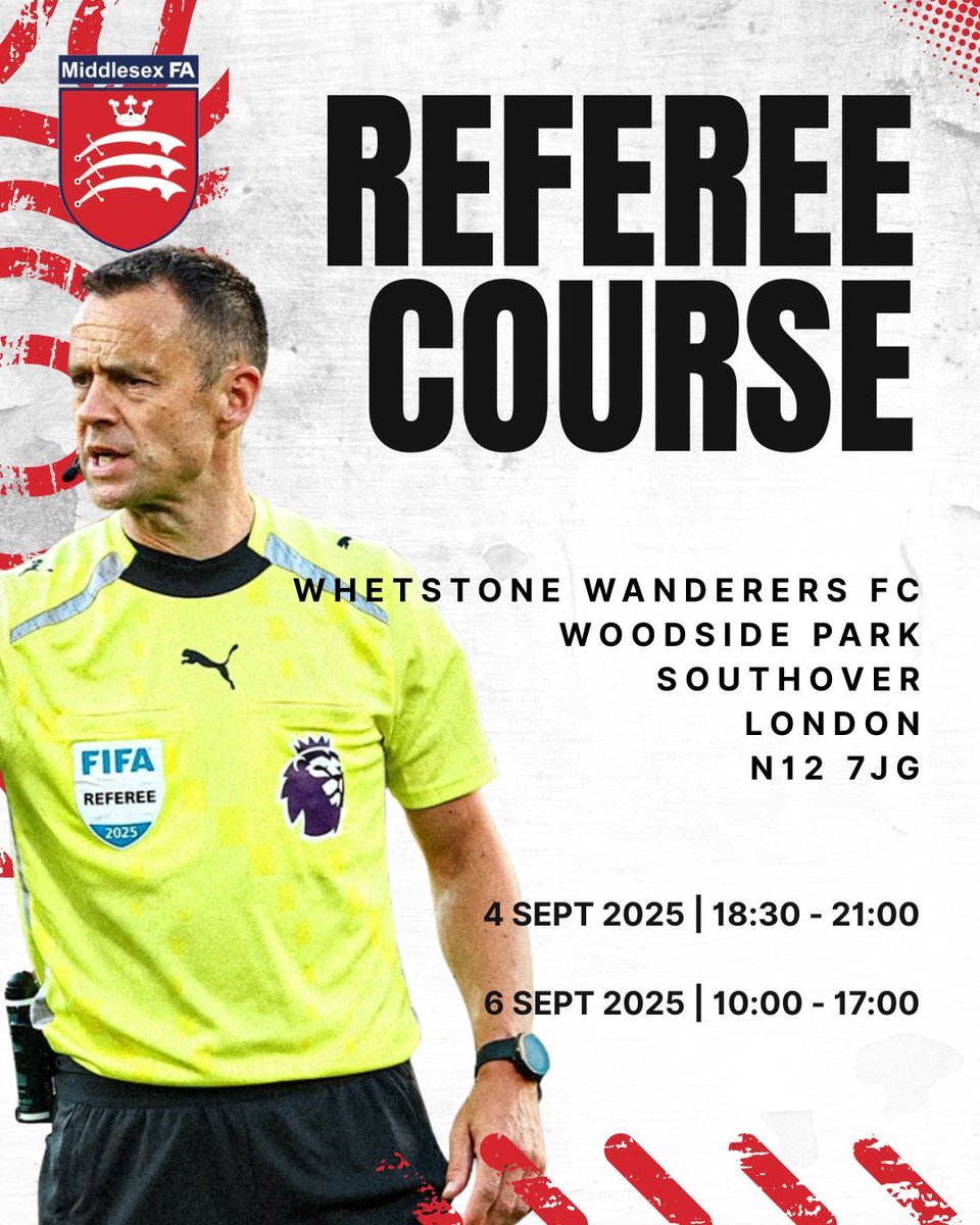 middxfa's tweet photo. 𝗡𝗘𝗪 𝗥𝗘𝗙𝗘𝗥𝗘𝗘 𝗖𝗢𝗨𝗥𝗦𝗘 📣 

We're pleased to announce a new FA #RefereeCourse, taking place at Whetstone Wanderers FC in September! 

Click below for the step-by-step details for joining ⬇️ 

https://t.co/Jk4U9upnxk https://t.co/PFUi0JFgXH