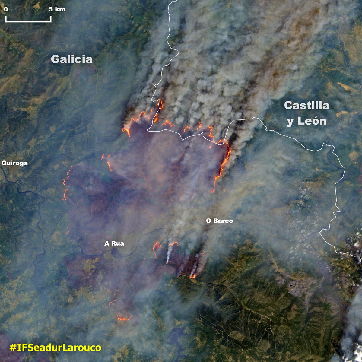 🔴⚠️🔥🇪🇸 Frightening evolution of #IFSeadurLarouco that has grown from 6000Ha to 15000Ha in 24hrs. This is the first 🛰️ #Landsat - 8 📸 captured on August 17 and showing the pyrocumulonimbus developing from the the northern fire front along almost 20km. #Ourense #Climateemergency