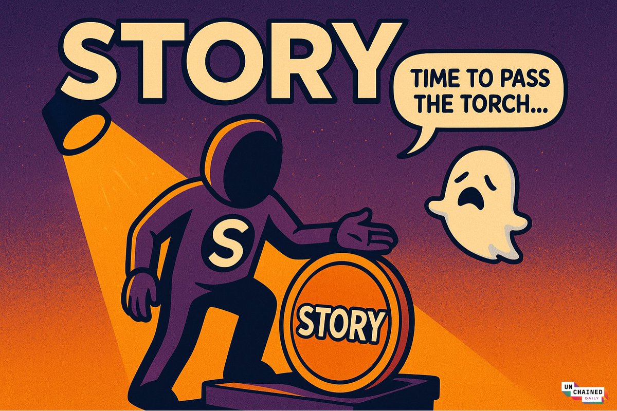 Illustration of a figure passing a 'Story' coin to a ghost with the text 'Time to pass the torch'