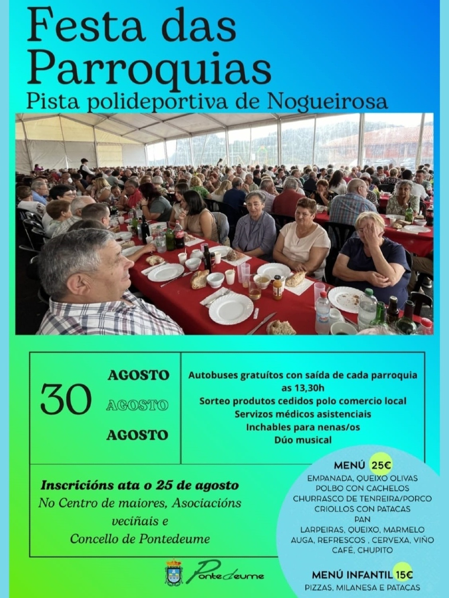 ⏰ Última semana para inscribirse na Festa das Parroquias!

Será posible anotarse ata o 25 de agosto no Centro de Maiores, nas Asociacións Veciñais e no Concello ✍️

👉 Lembrade que será na Pista polideportiva de Nogueirosa o 30 de agosto

#Pontedeume #Festa #Parroquias