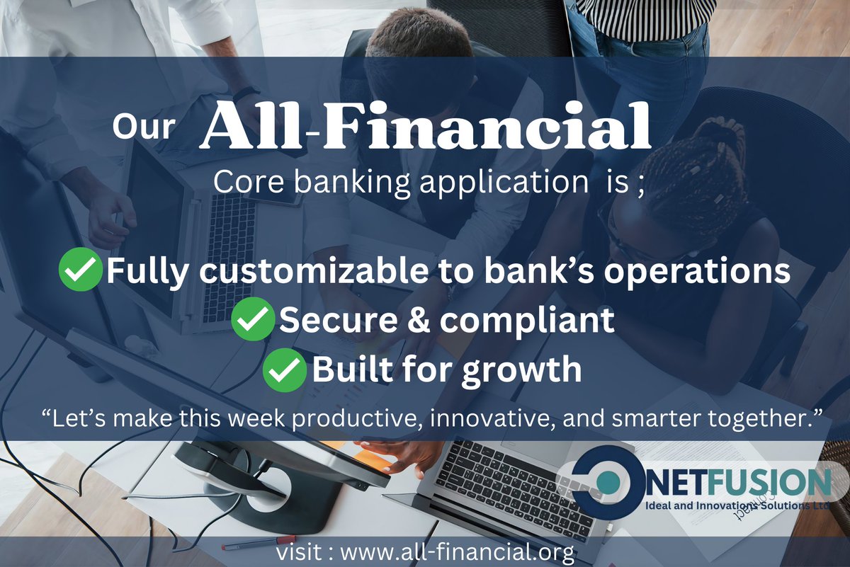 netfusionltd's tweet photo. ✔ Fully customizable to bank’s operations
✔ Secure & compliant
✔ Built for growth
“Let’s make this week productive, innovative, and smarter — together.”
#netfusion #netfusionidealandinnovationssolutionsltd #corebanking #all-financial #bankingsolutions #techinnovation #oracle https://t.co/A8C6fpmOe0