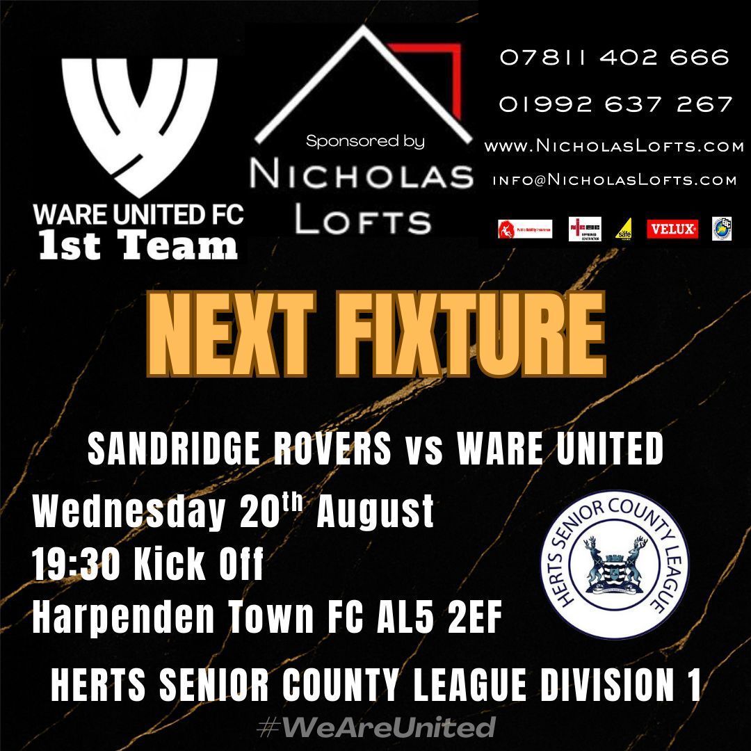 Ware Utd FC (@wareutdfc) on Twitter photo ⚽⚽ 1STS - NEXT FIXTURE⚽⚽
A midweek road trip to play <a href="/fc_SandridgeRov/">Sandridge Rovers FC</a> at Harpenden Town FC. Can the 1sts continue their excellent early season form against the team with the division's top scorer? #WeAreUnited ⚽⚽ 1STS - NEXT FIXTURE⚽⚽
A midweek road trip to play <a href="/fc_SandridgeRov/">Sandridge Rovers FC</a> at Harpenden Town FC. Can the 1sts continue their excellent early season form against the team with the division's top scorer? #WeAreUnited