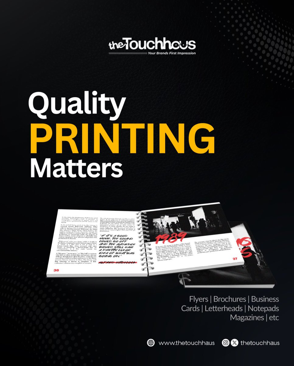 Quality Printing Matters!

Your brand’s first impression starts with the right touch, from flyers to business cards, we’ve got you covered. Let’s make your brand stand out this week. 

Send a DM Now. 

Book for a free 30mins Consultation here: 
thetouchhaus.com/consults/
