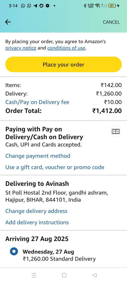AVINASH2298's tweet photo. जब माल ₹142 का हो और डिलीवरी ₹1260 की… तब लगता है माल NASA से आ रहा है 🚀😂 #Amazon https://t.co/HMJmcD8ec1
