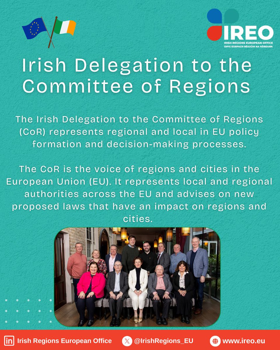 Irish Regions European Office in Brussels (@irishregions_eu) on Twitter photo Over the next few weeks, we will introduce you to Ireland’s Delegation to the #CoR (9 full & 9 alternate members) shaping EU policy on housing, agriculture & more 🇮🇪
Follow along & meet the people bringing Ireland’s local priorities to Brussels 👇
<a href="/EU_CoR/">European Committee of the Regions</a> <a href="/EMRAssembly/">Eastern & Midland RA</a> Over the next few weeks, we will introduce you to Ireland’s Delegation to the #CoR (9 full & 9 alternate members) shaping EU policy on housing, agriculture & more 🇮🇪
Follow along & meet the people bringing Ireland’s local priorities to Brussels 👇
<a href="/EU_CoR/">European Committee of the Regions</a> <a href="/EMRAssembly/">Eastern & Midland RA</a>