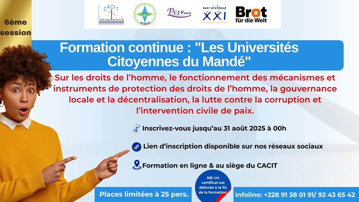 📌6ème session des universités citoyennes du Mandé organisée par le CACIT et ses partenaires. 👥 Etudiants, enseignants, journalistes, acteurs de la sté civile, acteurs étatiques, vs êtes tous conviés. Ttes les infos👉urlr.me/fSh4jU. Inscription jusqu'au 31-08 à minuit.