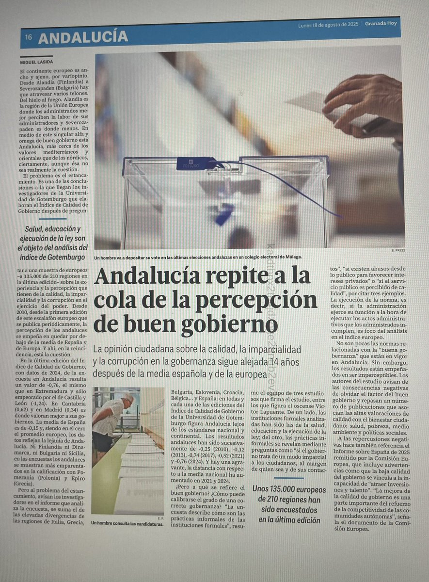 Andalucía repite a la cola d percepción d buen gobierno según el informe d Gotemburgo sobre el Índice de Calidad del Gobierno realizado entre 210 regiones europeas.El Pte d l Junta d Andalucía, <a href="/JuanMa_Moreno/">Juanma Moreno</a>,tiene q espabilar.A ver si en 2026 estamos mejor.Noticia d <a href="/granadahoy/">Granada Hoy</a>