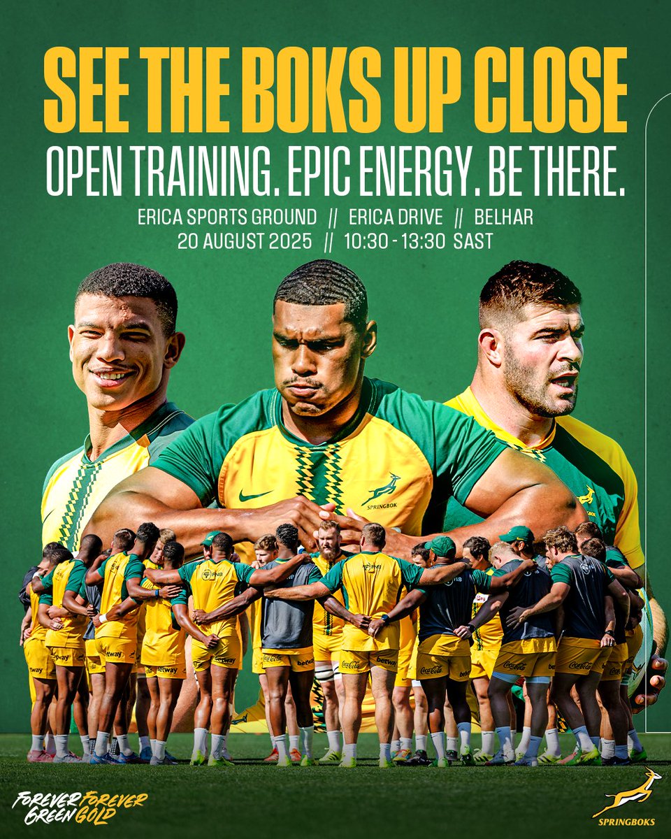 Get ready Cape Town, the Boks are coming to town! 💥 Don’t miss your chance to witness the #Springboks in action at an open training session packed with power, energy, and gees 🇿🇦💚💛 #ForeverGreenForeverGold