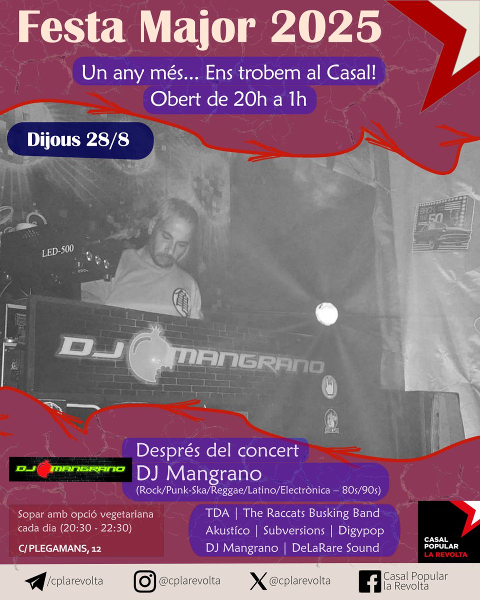 Donarem el tret de sortida el dijous 28! 🥳🥳🥳

A partir de les 21:30 gaudirem de l'electropunk en directe de TDA. A continuació, sessió del DJ Mangrano fins al l'hora de tancament .