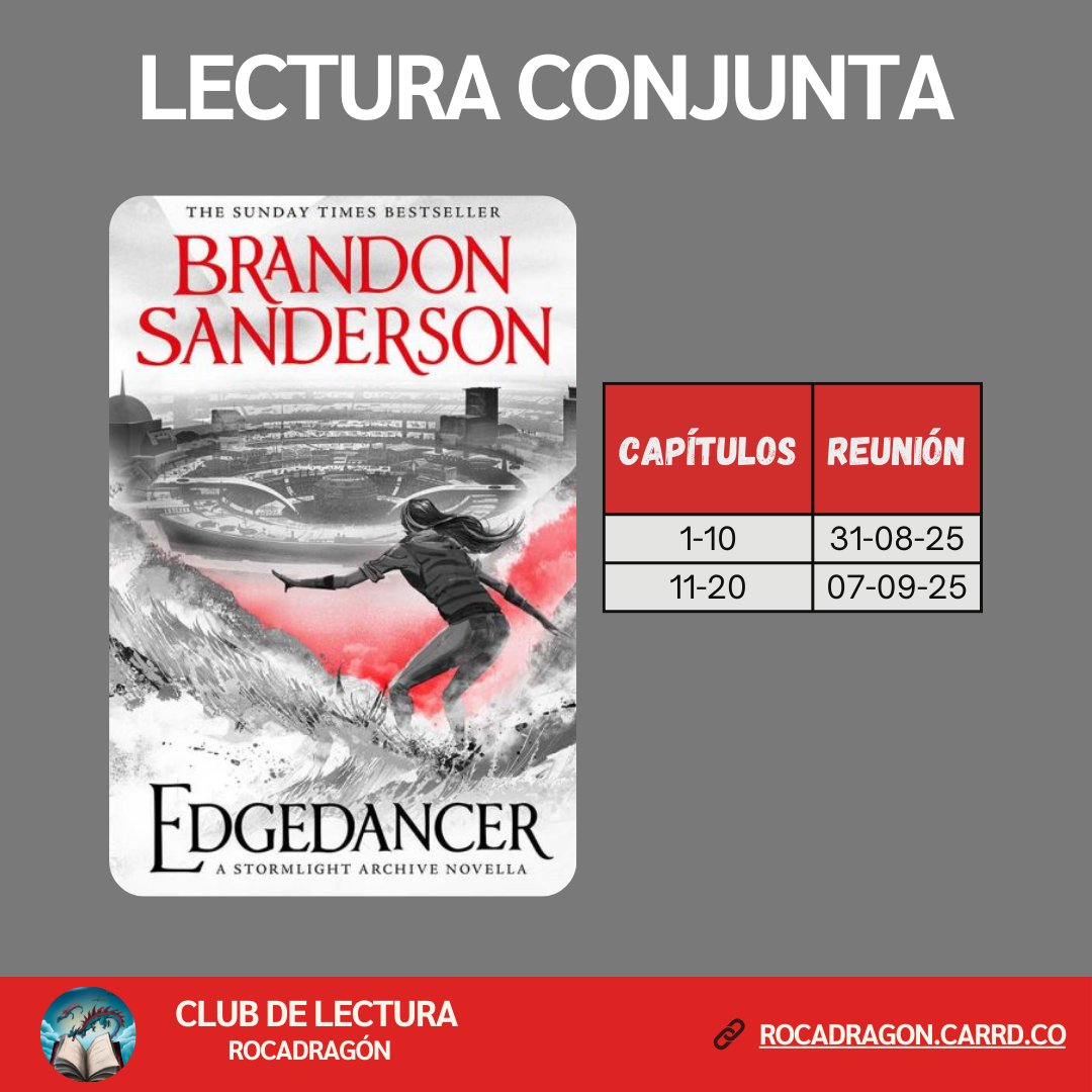 ¿Te apetece una dosis rápida de Sanderson? 🌪️

En el Club de Lectura leeremos Danzante del Filo. Si leíste Palabras Radiantes y te quedaste con ganas de más, esta es la lectura perfecta para conectar con los sucesos previos a Juramentada.

Únete a nuestro Discord y participa!