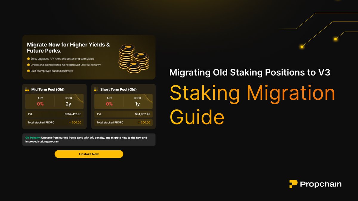 PropChainGlobal's tweet photo. How to Migrate Your Old Staking Positions to the New Propchain dApp (V3)

Fast, seamless, and user-friendly.

1. Launch the dApp → https://t.co/bksdwQbZXW

Go to the Migration tab (visible only if you hold old staking positions on V2)

2. Click “Unstake Now.”

If you have multiple stakes, the system cycles through them automatically.

3. Approve Transactions in MetaMask or your wallet.

Your staked tokens + unclaimed rewards return to your wallet. No penalties applied.

Restake in V3 → choose a staking pool for your $PROPC

New Features
→ Dynamic APYs that adjust with TVL.
→ Fixed-term pools: 6, 12, or 24 months.
→ Smarter reward logic for fair distribution.

Questions? Contact @PropHelp on Telegram.