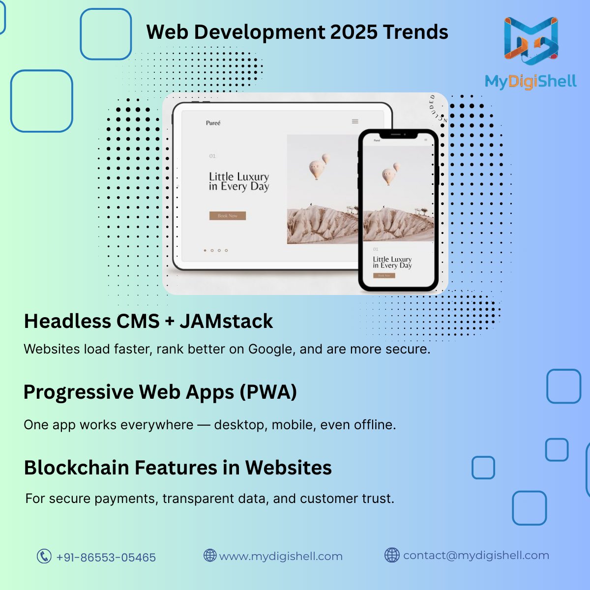mydigishell's tweet image. 🌐 Web Dev 2025 is here — faster stacks, app-like UX, and trust by design. #WebDev2025
• Headless CMS + JAMstack = speed, SEO, strong security
• PWA = installable, offline, cross-device UX
• Blockchain features = transparent payments & verifiable data
#Jamstack #PWA #Web3