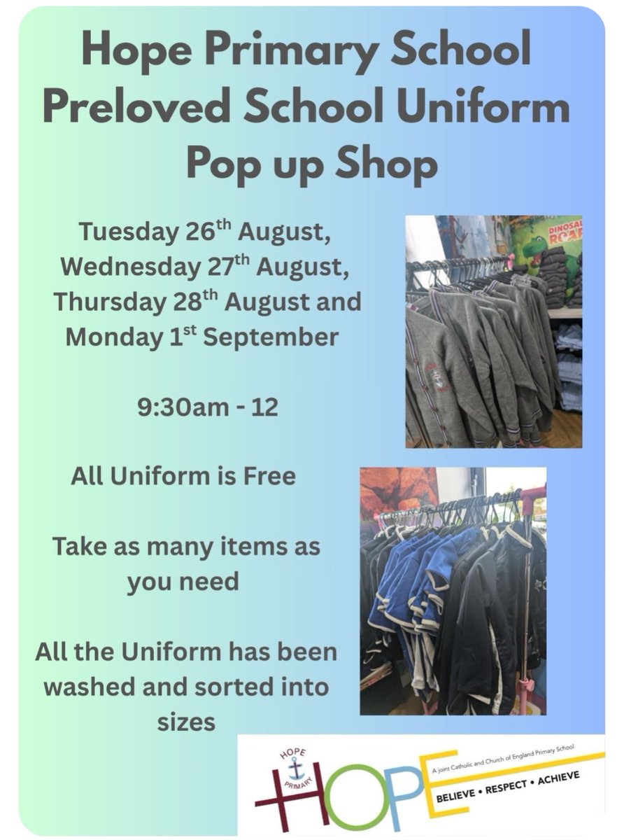 Hope Primary School Pre Loved Uniform Pop up Shop - NEXT WEEK! All Uniform is Free! Come and take as many items as you need!