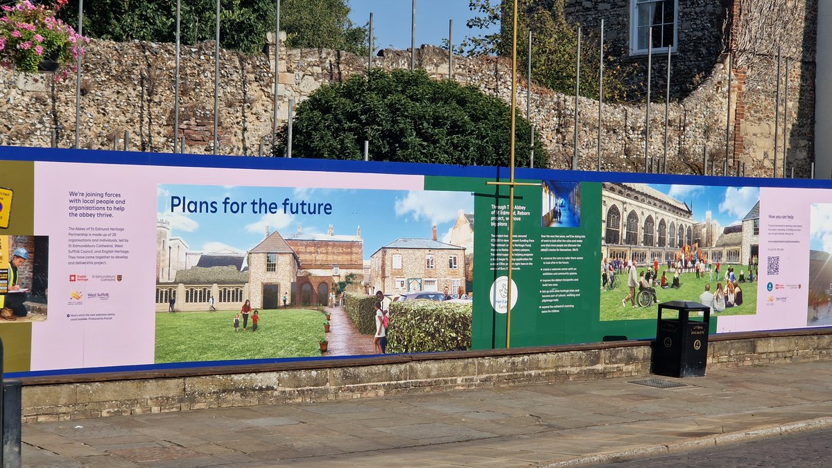 AHPBury's tweet photo. The @EnglishHeritage hoardings by the Abbey Gate look great - they have explanations of current repairs and some details of future plans for The Abbey of St Edmund https://t.co/xW6PlfbVCJ