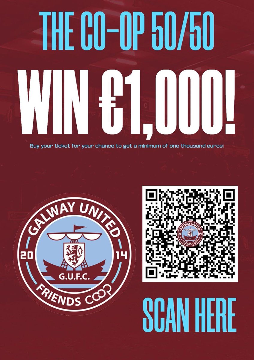 On Saturday - August 23rd the winning ticket of the <a href="/gufccoop/">Galway United Co-Op</a> 50/50 will be pulled. Buy your ticket here : galwayunitedfriendsco-op.clubforce.com/products/draw/…

All CoOp proceeds support our Academy clubs &amp; community giving. Winner gets a minimum €1000.

<a href="/coleman_ronan/">Ronan Coleman</a> <a href="/gufct/">Tommy Shields</a> <a href="/GalwayGambler/">GalwayGambler</a> <a href="/GalwayUnitedFC/">Gaillimh Aontaithe 🇱🇻</a>
