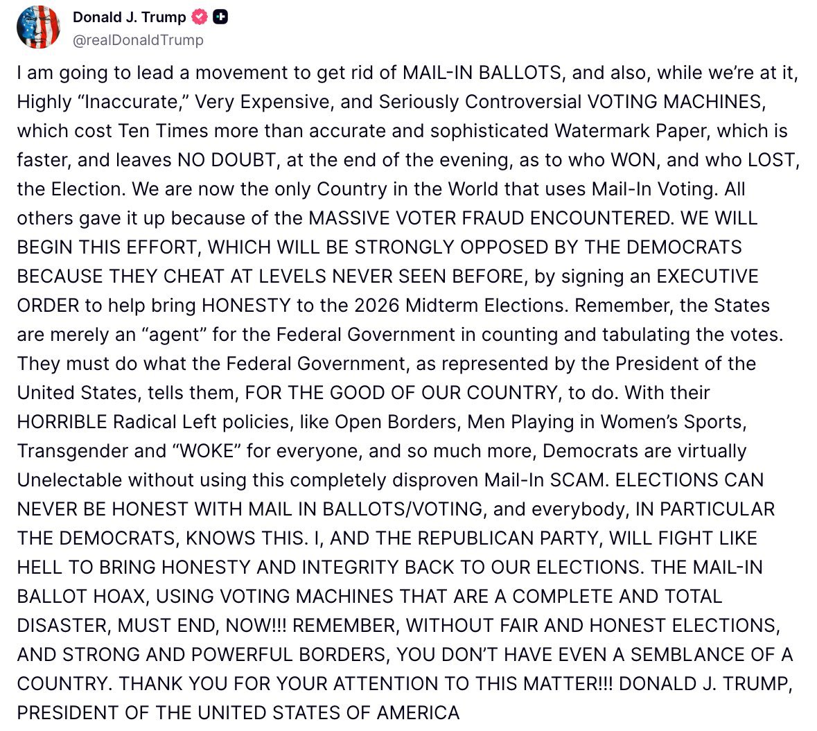 I strongly support President Trump in ending mail in voting!!

Elections have been stolen for decades with this practice that is ripe for fraud.

Save America by saving our elections!!!