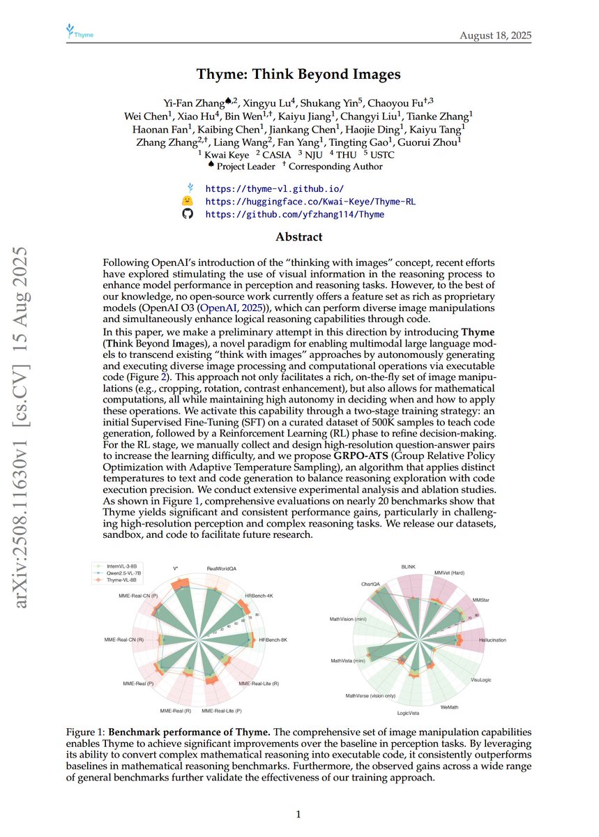 Thyme: Think Beyond Images

"Thyme transcends traditional "thinking with images" paradigms by  autonomously generating and executing diverse image processing and  computational operations through executable code, significantly  enhancing performance on high-resolution perception