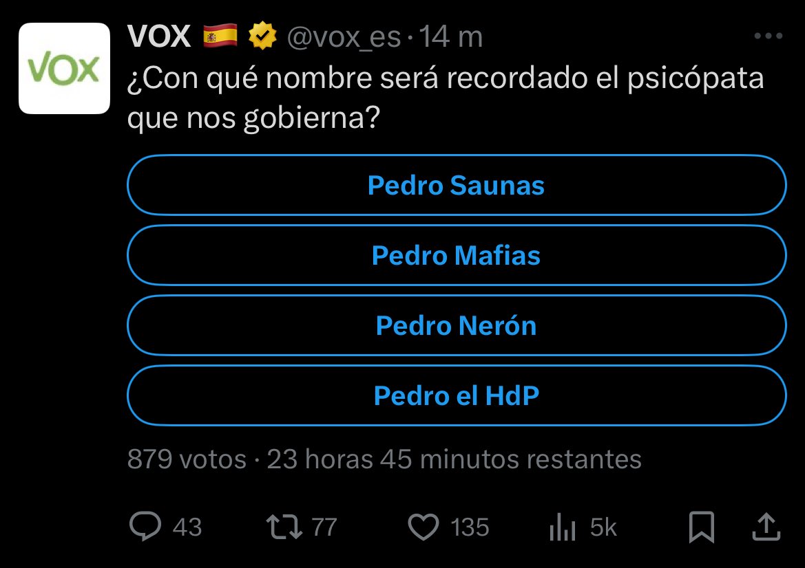 Perfil oficial da terceira forza política deste país. Vese que sae gratis chamar psicópata ao presidente do Goberno e traspasar todos os límites.
Quizais si habería que propoñer a súa ilegalización.