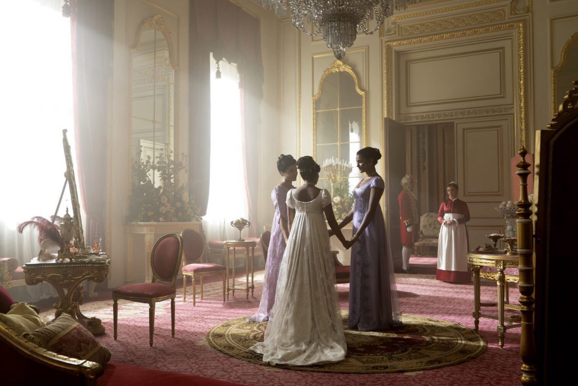Simone Ashley, Charithra Chandran and Shelley Conn in new/old stills from Bridgerton S2