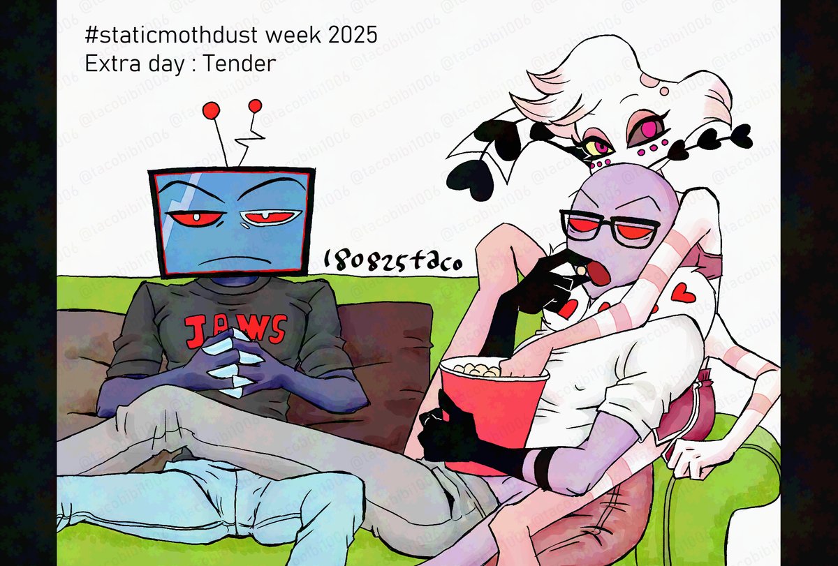 ブルースカイ再掲。
#staticmothdustweek
#staticmothdust
staticmothdust week 2025
Extraday : Tender

映画を見る三人。
It has become more of a cozy or relaxing atmosphere rather than tender🙇. These three are watching a movie.