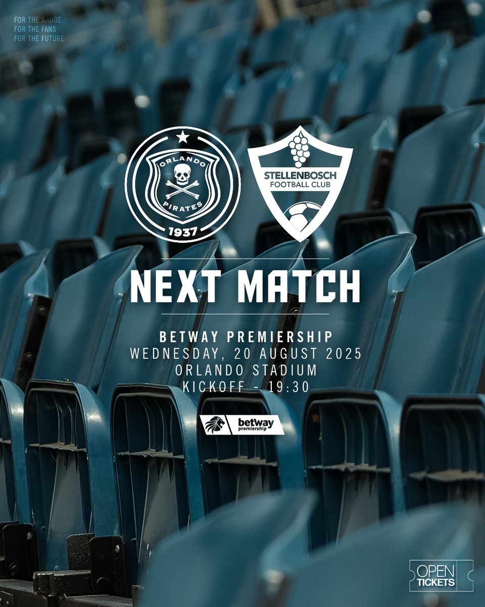 Orlando Pirates (@orlandopirates) on Twitter photo ๐๐๐๐-๐๐๐๐๐
๐ <a href="/StellenboschFC/">Stellenbosch FC</a>
๐
Wednesday,20 August 2025
๐๏ธ Orlando Stadium
๐ซ shorturl.at/Yadxp
โฒ๏ธ 19H30
๐บ <a href="/SuperSportTV/">SuperSport ๐</a>
โซโช๐ดโญ
#OrlandoPirates
#OnceAlways ๐๐๐๐-๐๐๐๐๐
๐ <a href="/StellenboschFC/">Stellenbosch FC</a>
๐
Wednesday,20 August 2025
๐๏ธ Orlando Stadium
๐ซ shorturl.at/Yadxp
โฒ๏ธ 19H30
๐บ <a href="/SuperSportTV/">SuperSport ๐</a>
โซโช๐ดโญ
#OrlandoPirates
#OnceAlways