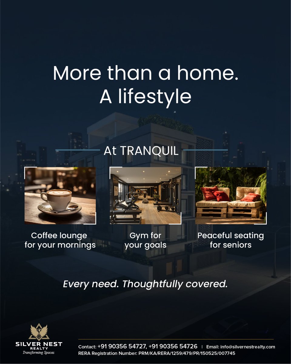 silver41886's tweet image. At TRANQUIL, comfort isn’t just a feature; It’s the foundation. From quiet mornings in the coffee lounge to evening workouts and peaceful corners for elders, every amenity is designed to serve your lifestyle.

#tranquilhubli #hublihomes #realestatehubli #premiumhomes #silvernest