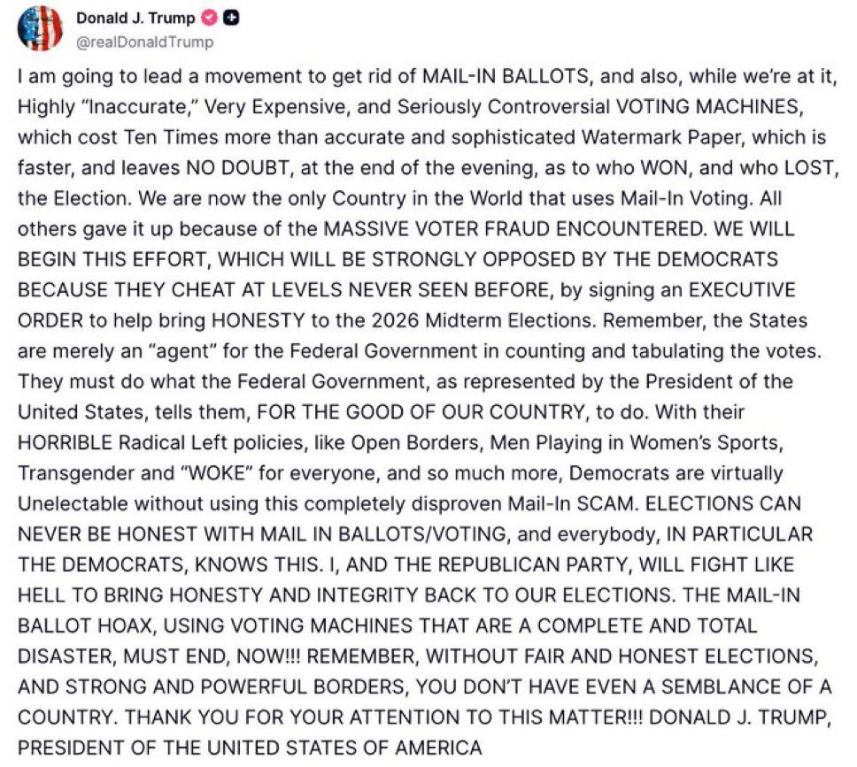 BREAKING - President Trump has just announced he will lead a movement to eliminate mail-in ballots and voting machines entirely, calling them inaccurate, expensive, and fraudulent, and will be replacing them with watermarked paper ballots to be counted on Election Night.