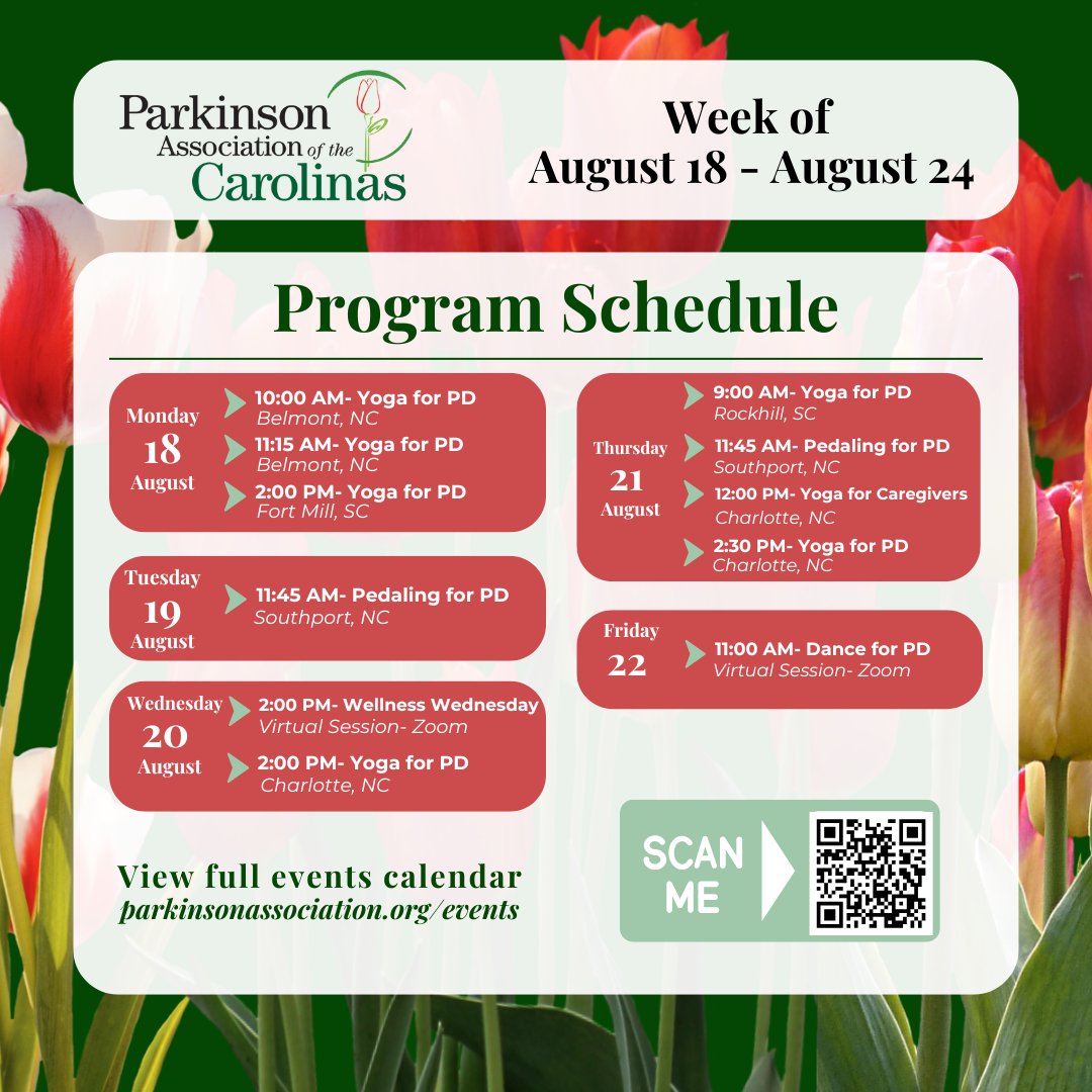 🌟 PAC Weekly Program Roundup – Aug 18–24 🌟
This week: 🧘‍♀️ Yoga for PD, 🚴 Pedaling for PD (Belmont &amp; Southport), 💃 Dance for PD (virtual), and 💻 Wellness Wednesday Aug 20 @ 2PM ET w/ Lucretia Pintacuda. Full schedule 👉 parkinsonassociation.org/events/