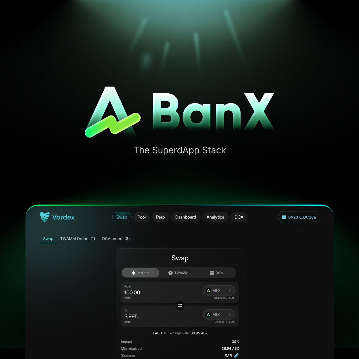 alephiumbank's tweet image. BanX – the SuperdApp Stack

AlphBanX is integrating into BanX - one SuperdApp for borrowing, Dexs &amp;amp; perps, all powered by $ABX.

No more scattered dApps. One interface, one token, one ecosystem.

All fees flow back to $ABX → demand, alignment &amp;amp; compounding network effects.