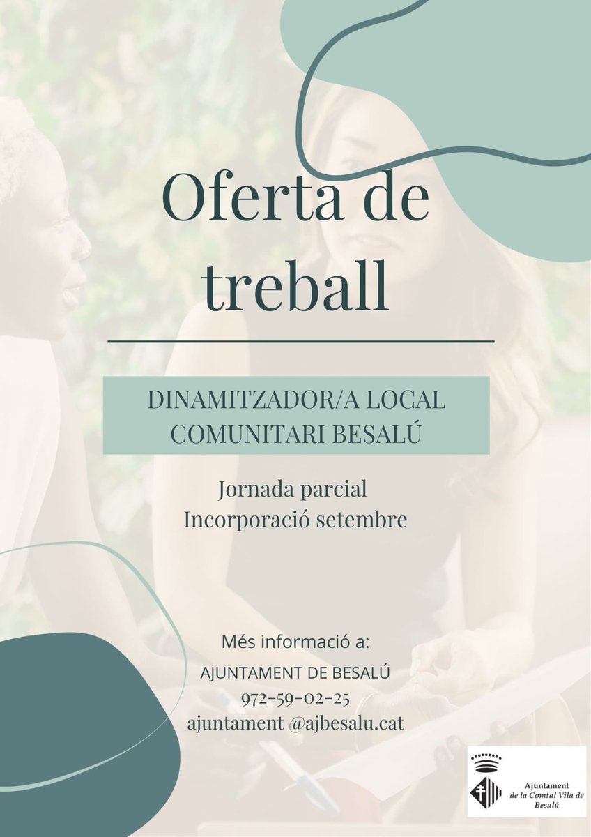 #ofertadetreball <a href="/Aj_Besalu/">Ajuntament de Besalú</a> 
Educació en el lleure/Dinamització social a mitja jornada (tardes)
Contacteu amb promoeco@ajbesalu.cat