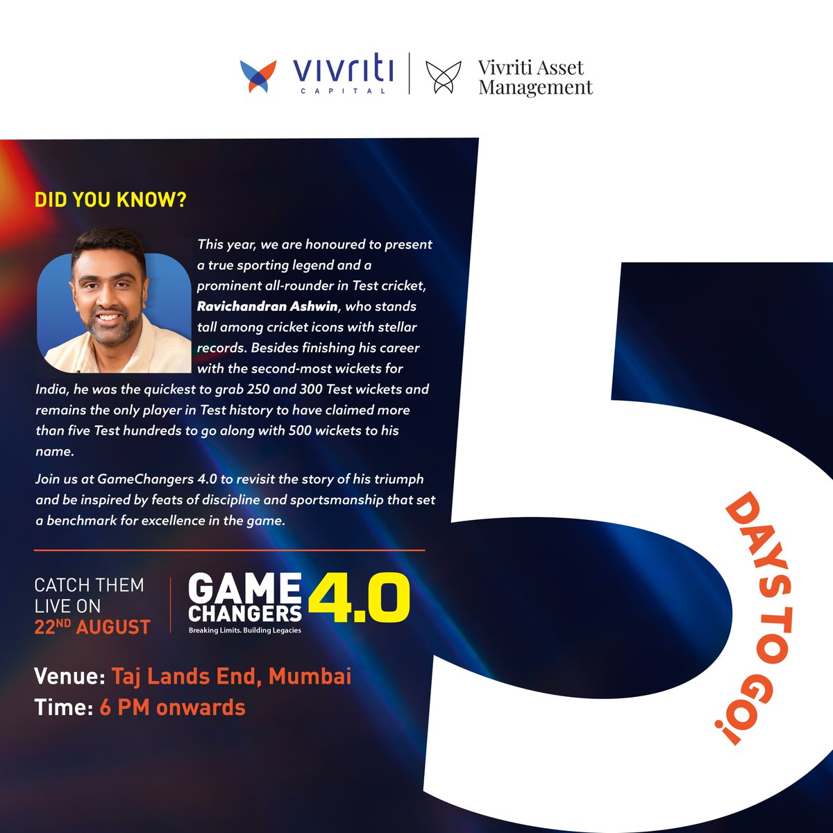 5 days to go for GameChangers 4.0! 

Watch <a href="/ashwinravi99/">Ashwin 🇮🇳</a> - A true champion in the world of cricket - live at GameChangers 4.0 and hear his story of triumph and turning challenges into opportunities.

#GameChangers2025 #GameChangerSummit #GC4