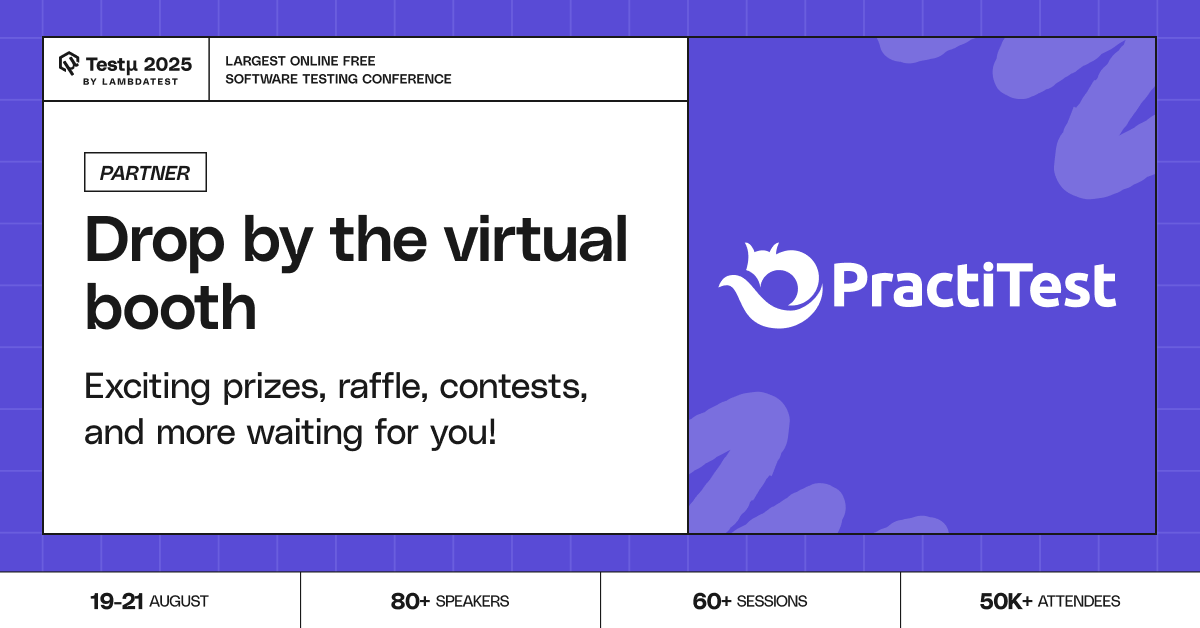 PractiTest (@practitest) on Twitter photo PractiTest is excited to meet you all at #TestMuConf 2025 by <a href="/lambdatesting/">LambdaTest</a>! Join engaging sessions, expert Q&As, and hands-on learning online.
Visit our booth August 19-21 to see what effective test management can achieve.
Register for Free: hubs.la/Q03B3p590 PractiTest is excited to meet you all at #TestMuConf 2025 by <a href="/lambdatesting/">LambdaTest</a>! Join engaging sessions, expert Q&As, and hands-on learning online.
Visit our booth August 19-21 to see what effective test management can achieve.
Register for Free: hubs.la/Q03B3p590