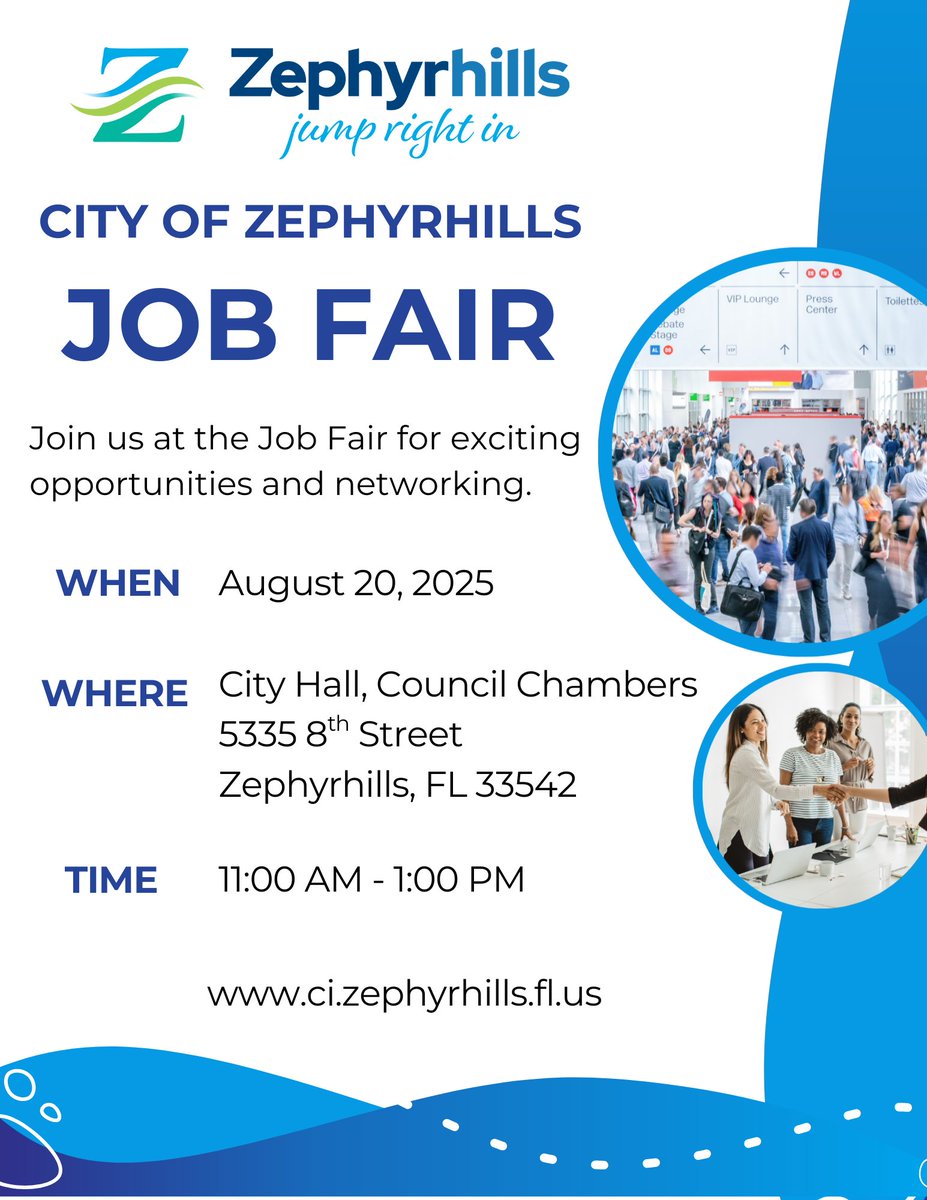 ZephyrhillsCity's tweet image. 💼 @ZephyrhillsCity Job Fair 💼

Meet with our HR team, explore exciting #CityofZephyrhills job opportunities, fill out applications, and even get documents notarized on-site! ✍️

📅 When: Wednesday, Aug. 20, 2025
📍 Where: City Hall (5335 8th Street)
⏰ Time: 11:00 AM – 1:00 PM